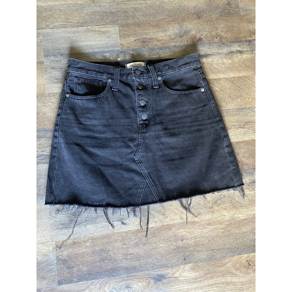 Madewell Raw Hem Denim A-Line Mini Skirt Womens 27 Black Lunar Wash Button Front